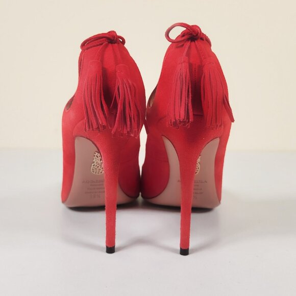 Aquazzura Red Suede Tassel Accents Pointed-Toe Stiletto Pumps - Picture 4 of 5